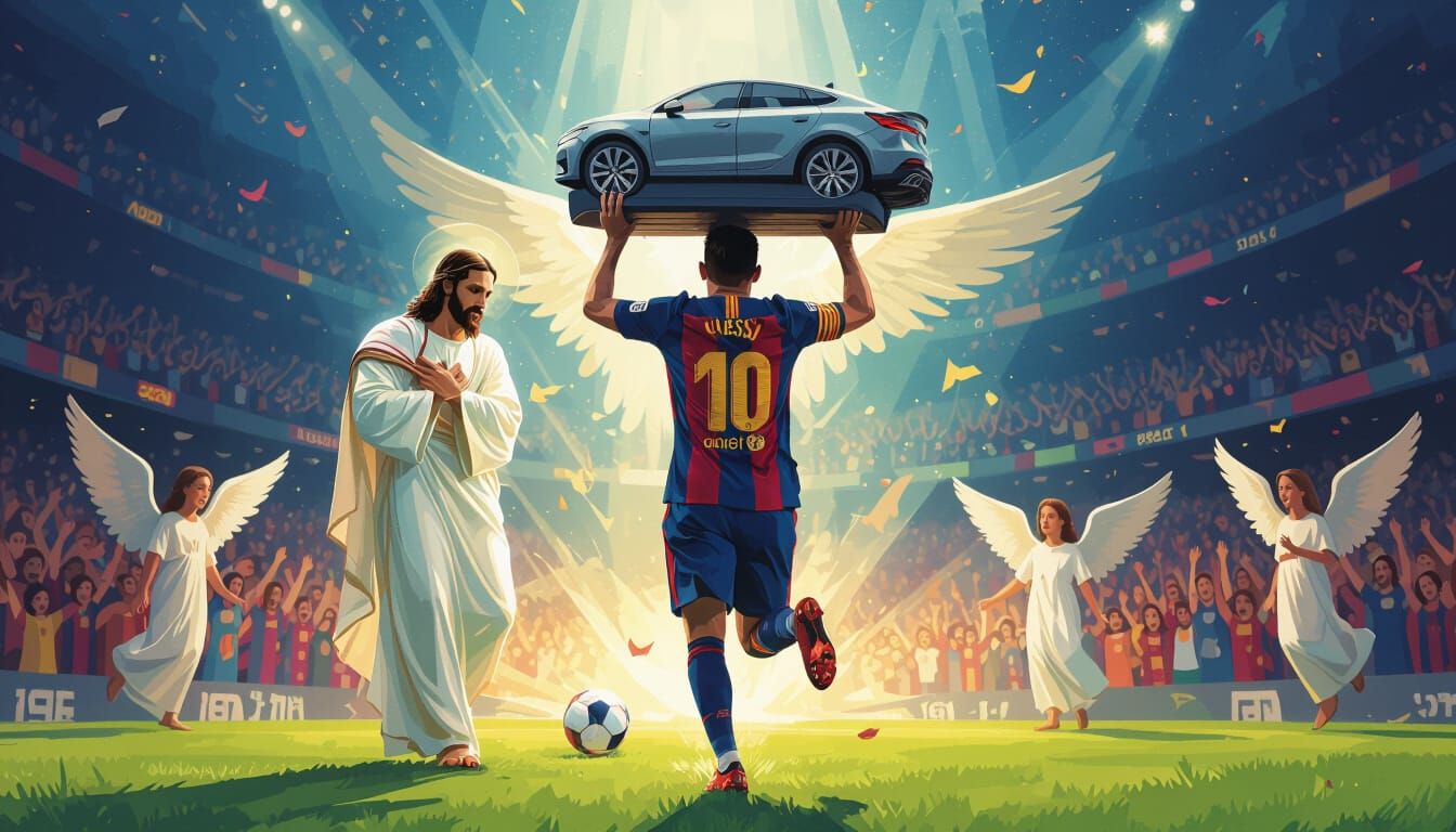 Messi Carries Car to Christ and Ronaldo in Digital Art