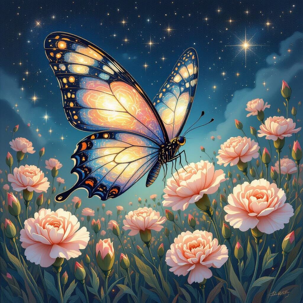 Celestial Butterfly Fluttering Through Enchanted Carnations
