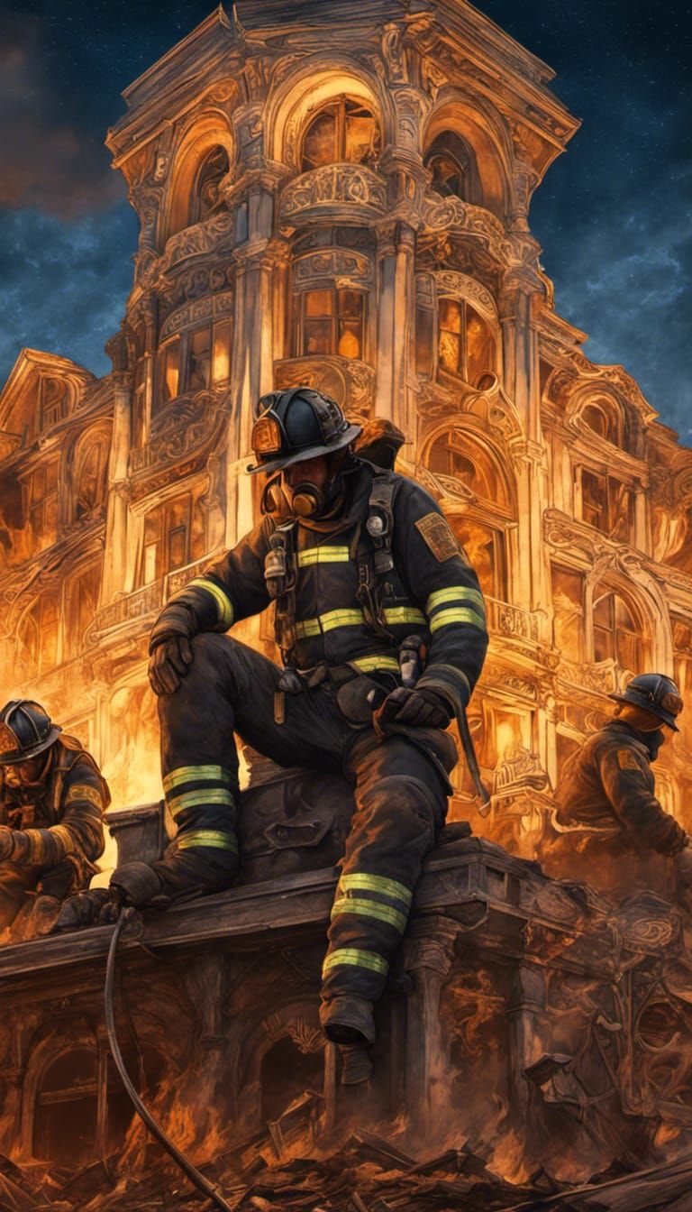 Exhausted Firefighters in Front of Burned Building