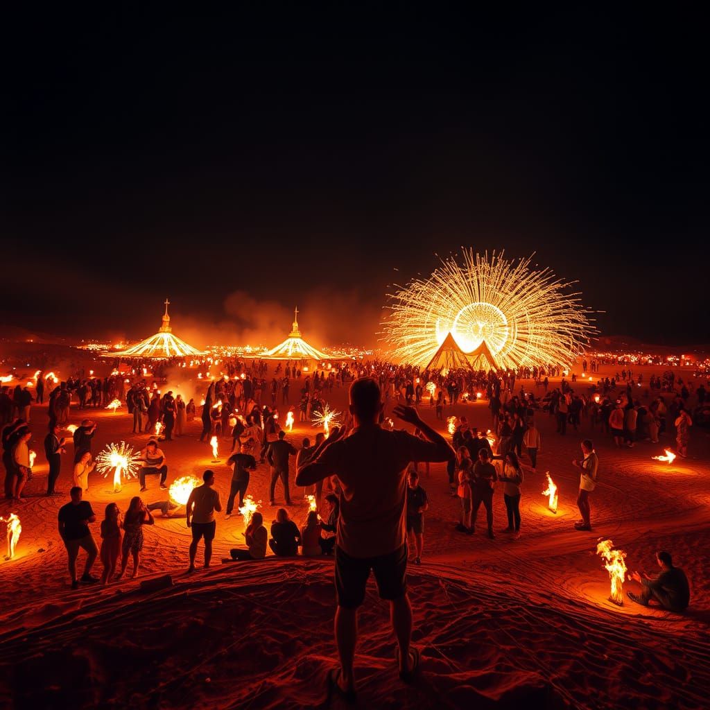 Vibrant Fire Festival in Secluded Desert Valley