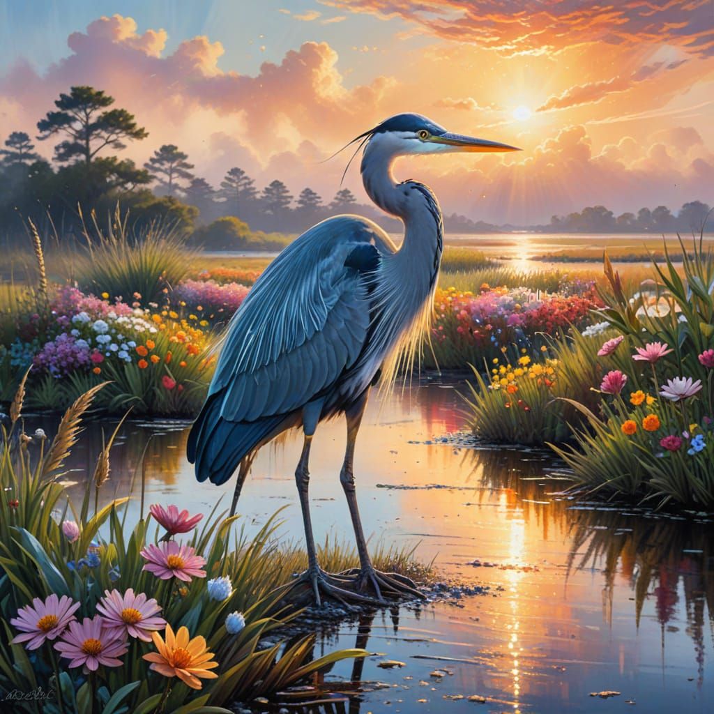 majestic heron at sunset