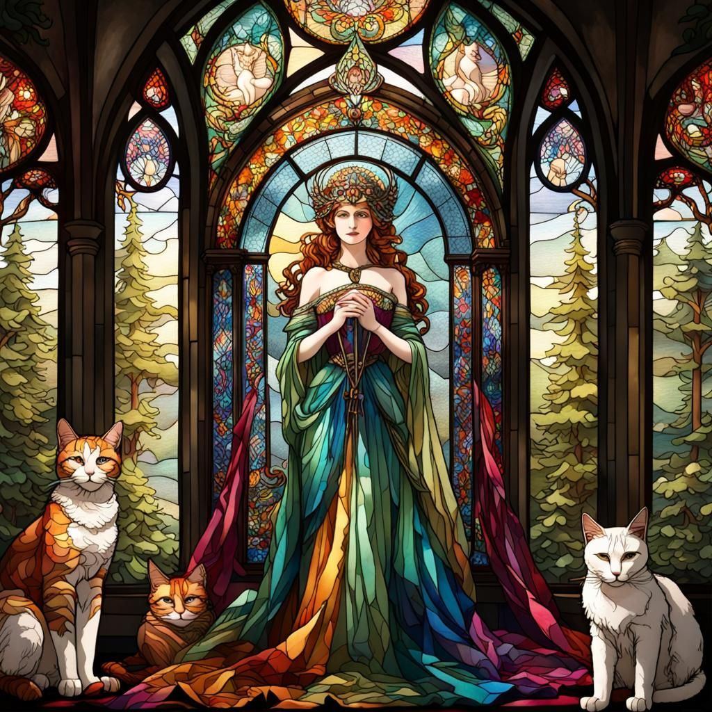 Goddess Freya with Cats in Stained Glass
