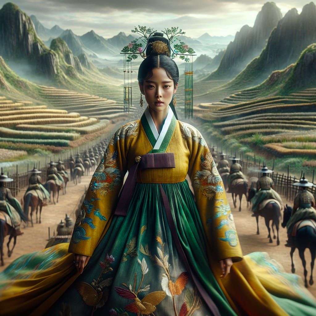 Ethereal Goddess of Korean Harvest in Vibrant Joseon Hanbok