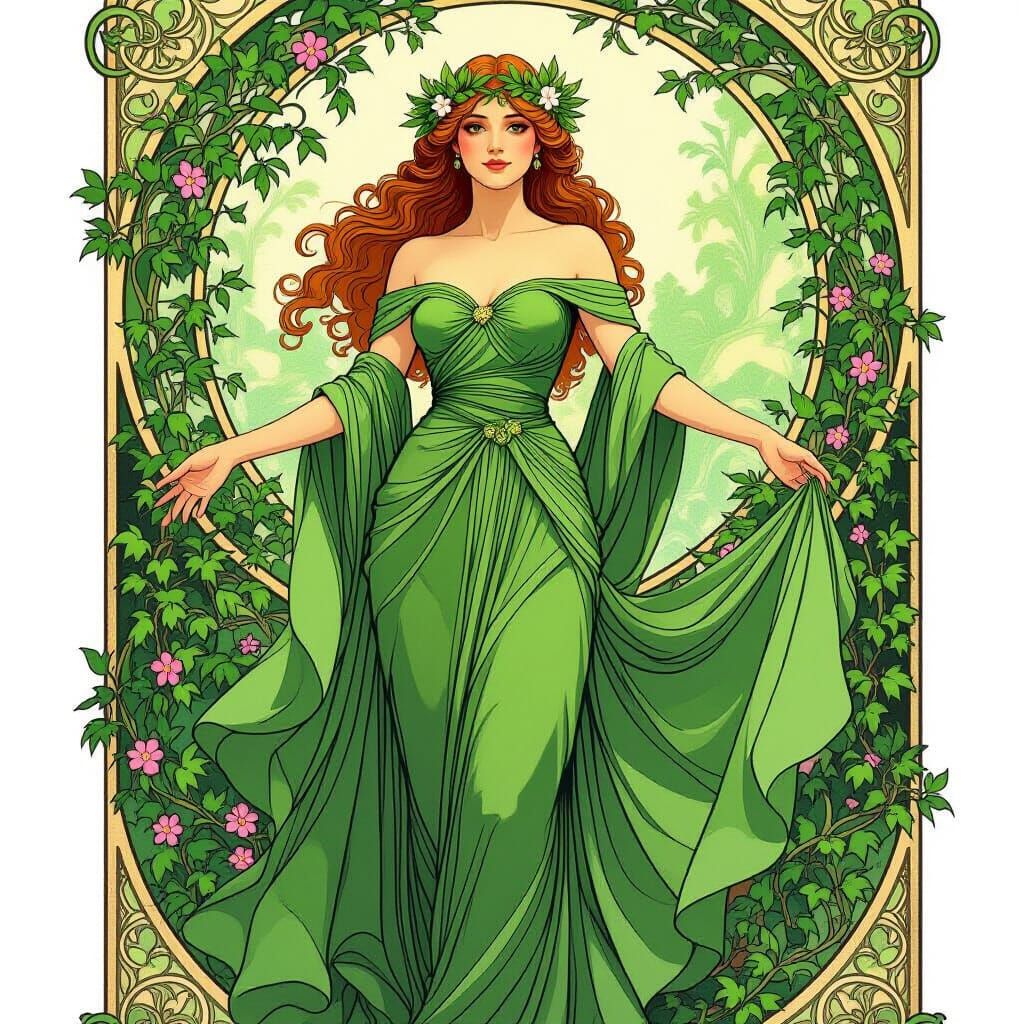 Majestic Queen in Green Gown and Jungle, Art Nouveau Style
