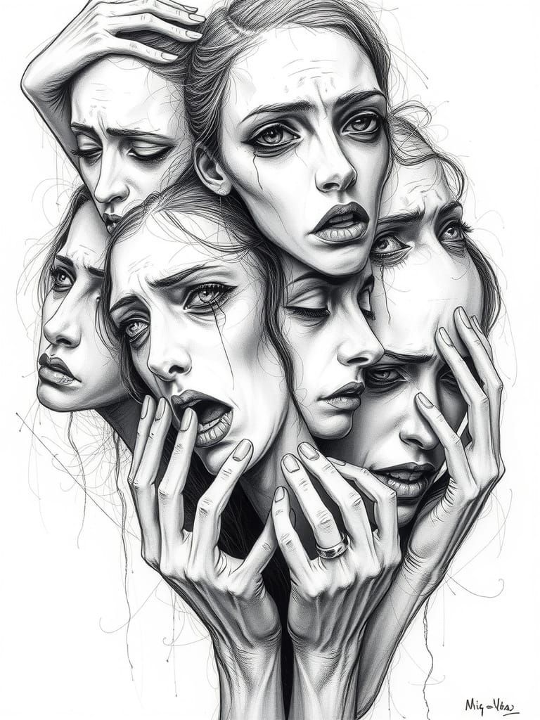 Distraught Female Faces in a Haunting Black-and-White Sketch