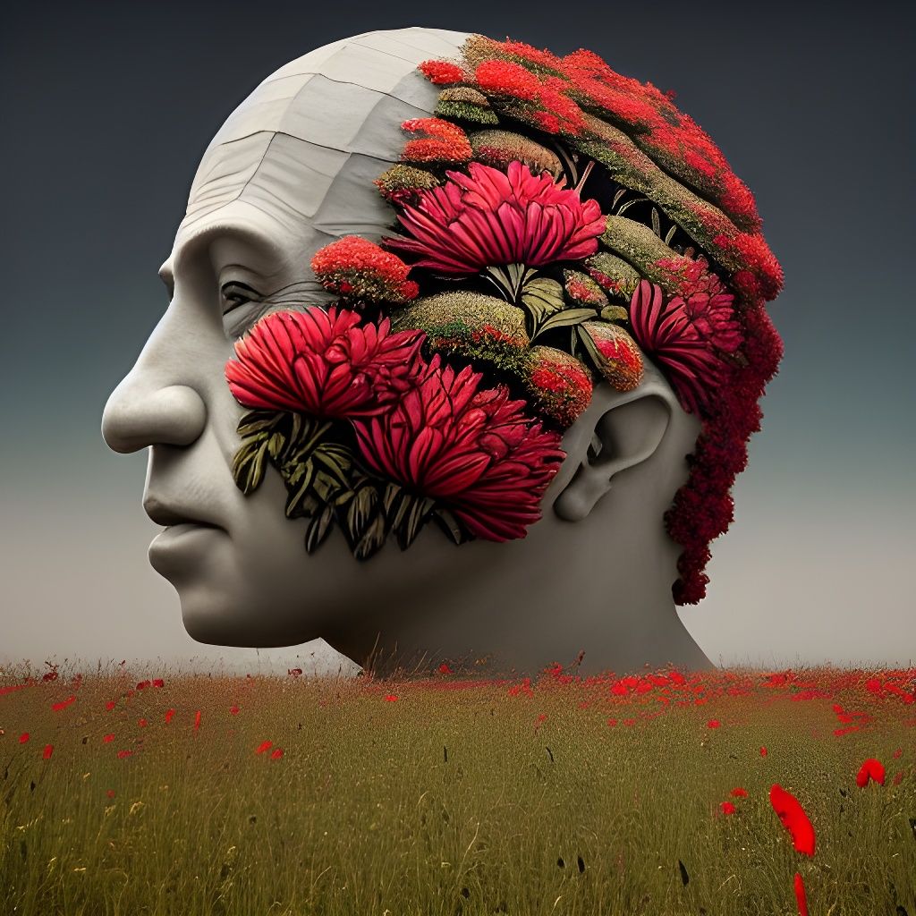 Gigantic Head Sculpture in Surreal Flower Field