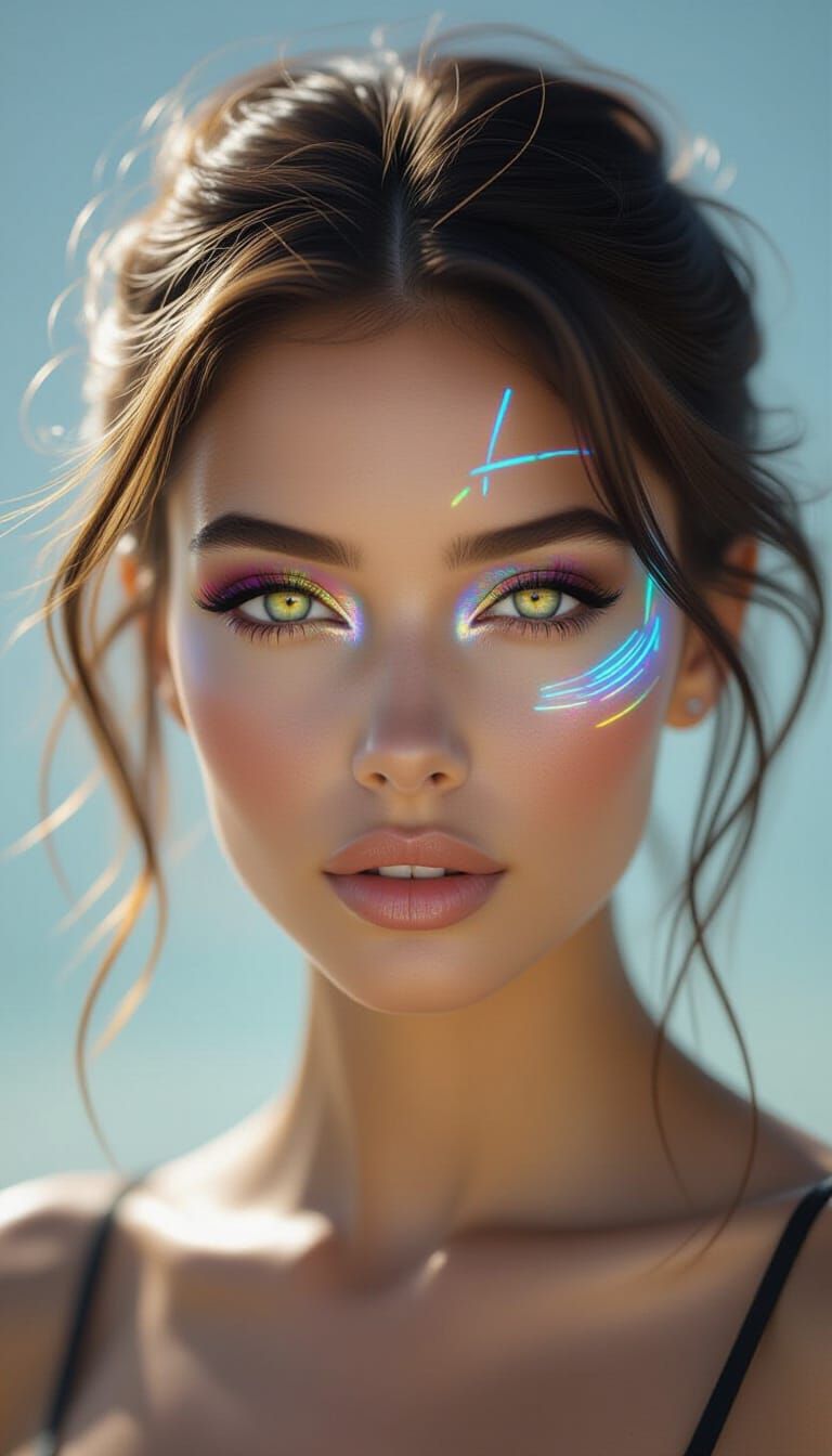 Cyberpunk Woman with Holographic Tattoos and Cybernetic Eye