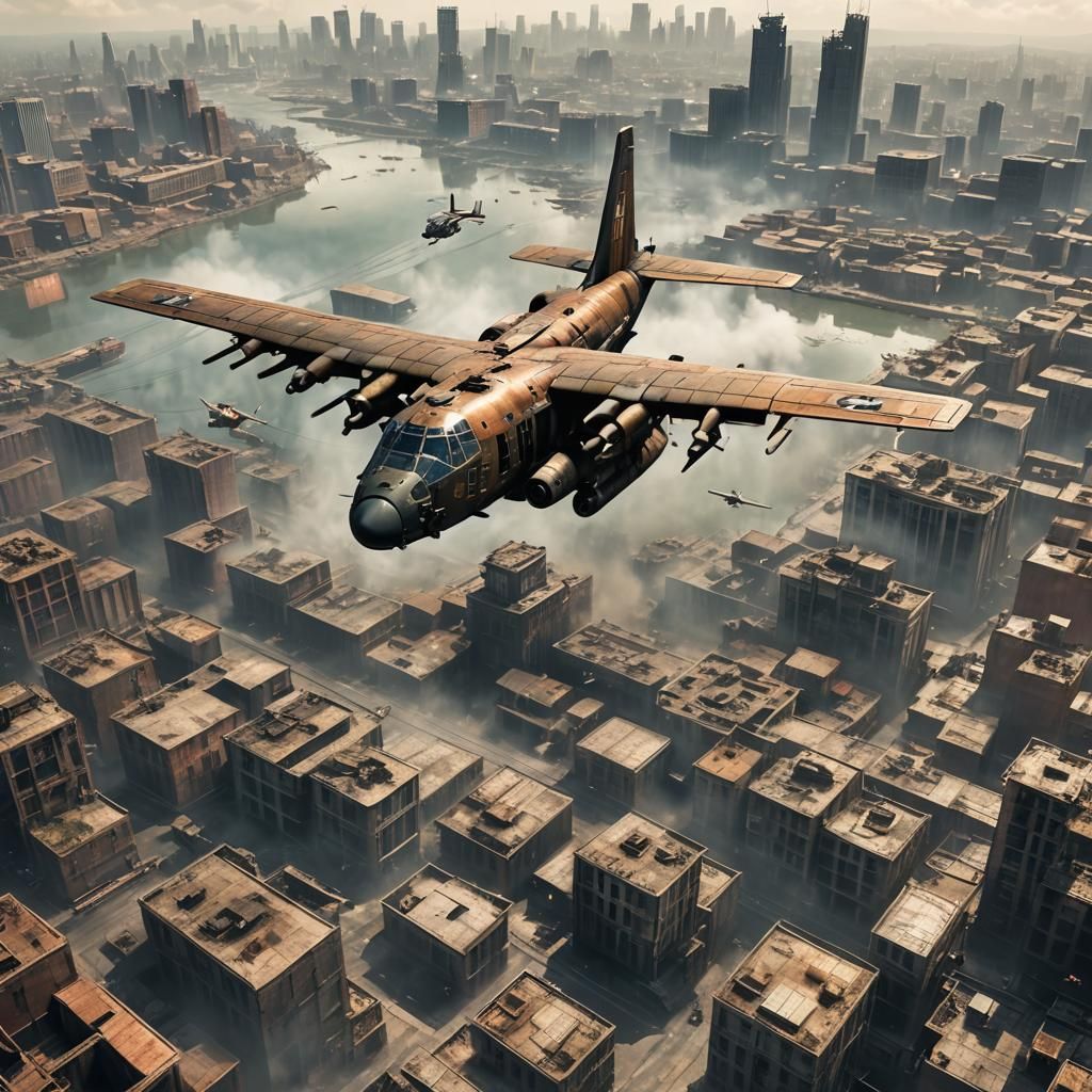 Armored AC-130 Soaring Over Ruined City