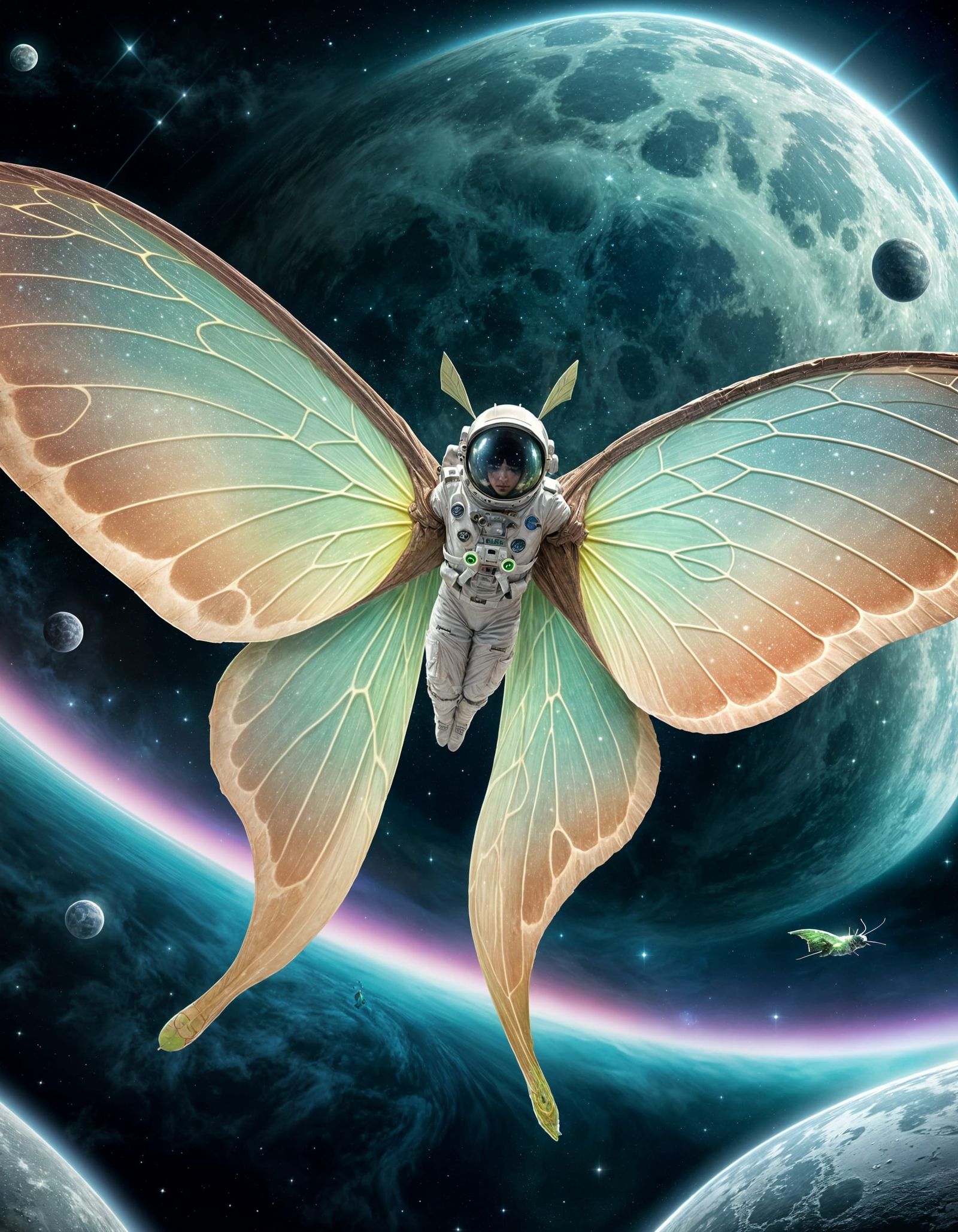 Giant Luna Moth Astronaut Glides Through Cosmic Space