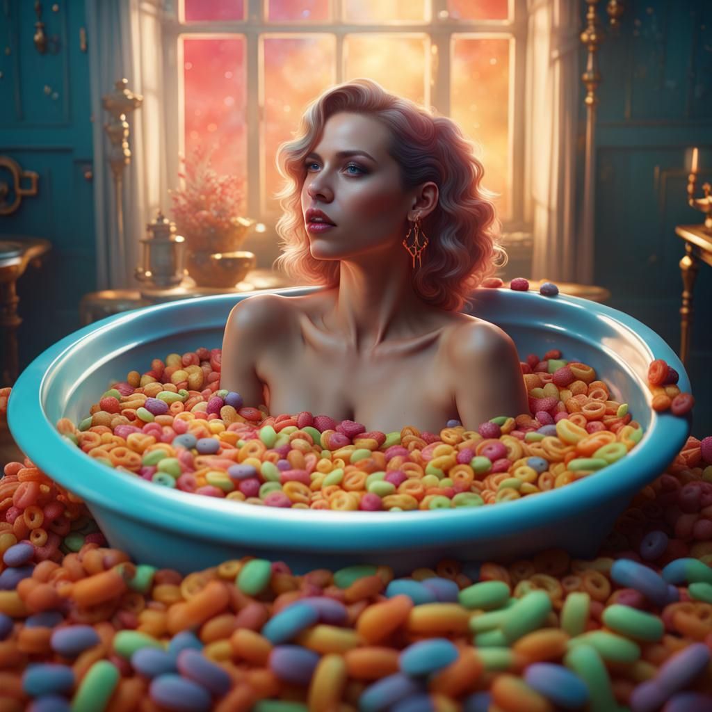Woman in Fruit Loops Bathtub: Detailed Concept Art