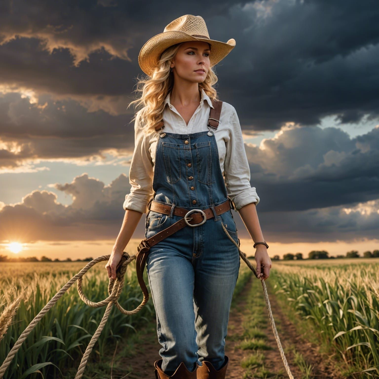 A detailed realistic blonde Cowgirl in straw hat, overalls, ...