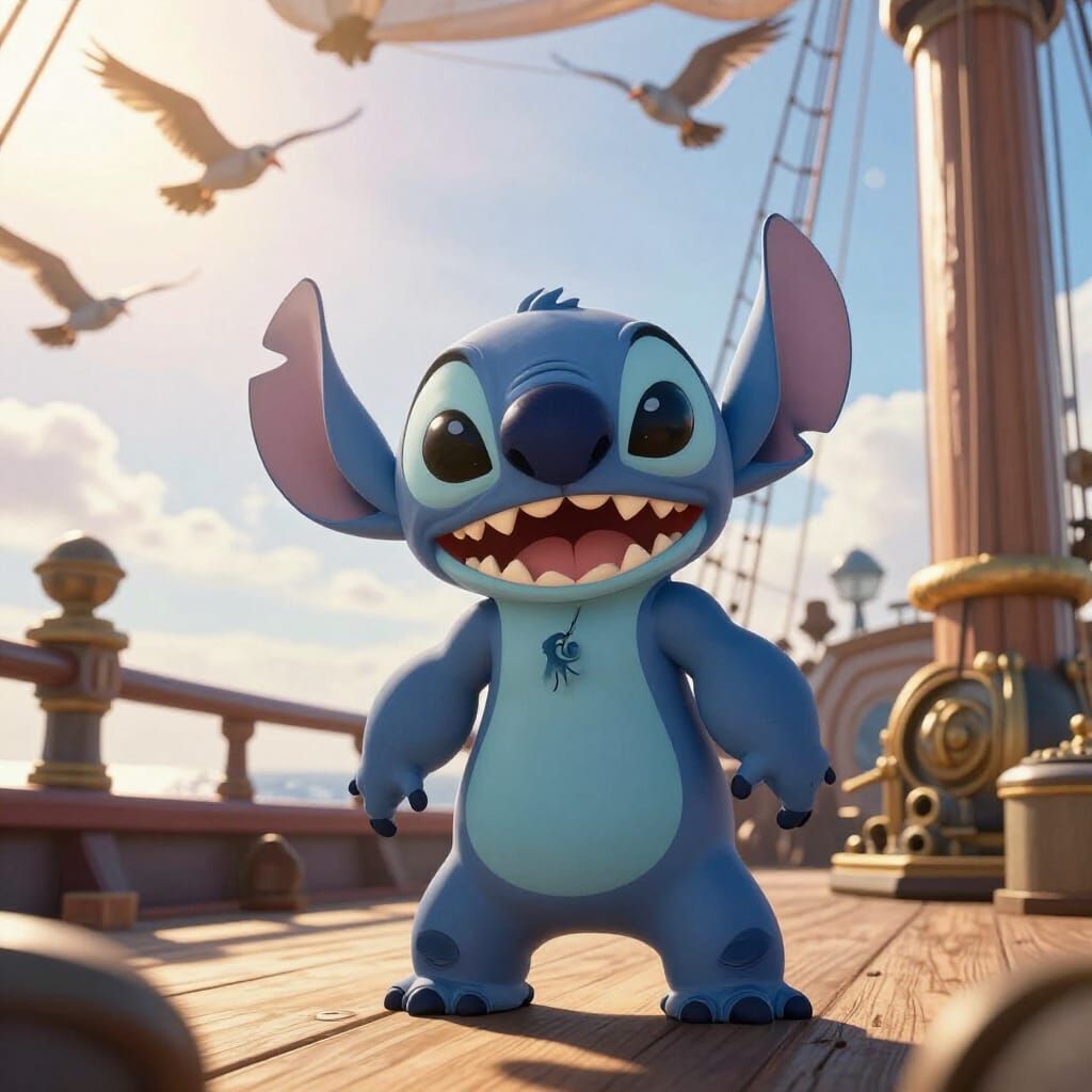 Stitch on Tall Ship with Birds in Cinematic Style