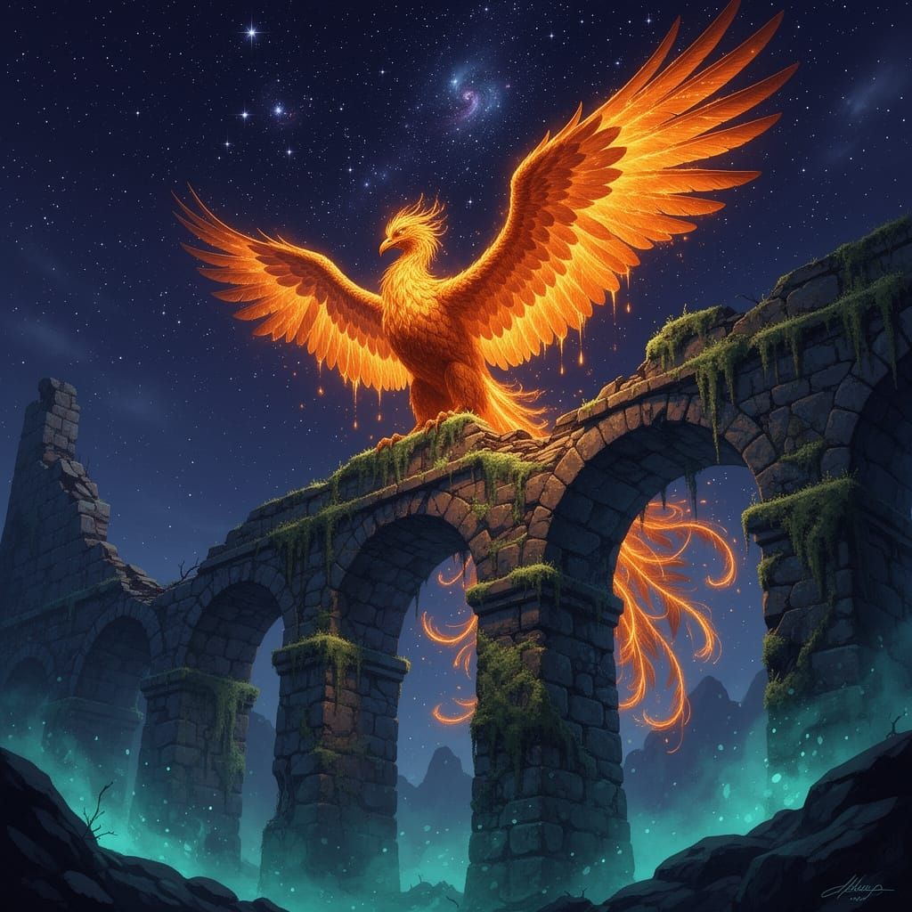 Majestic Phoenix of Molten Gold on Ancient Ruins