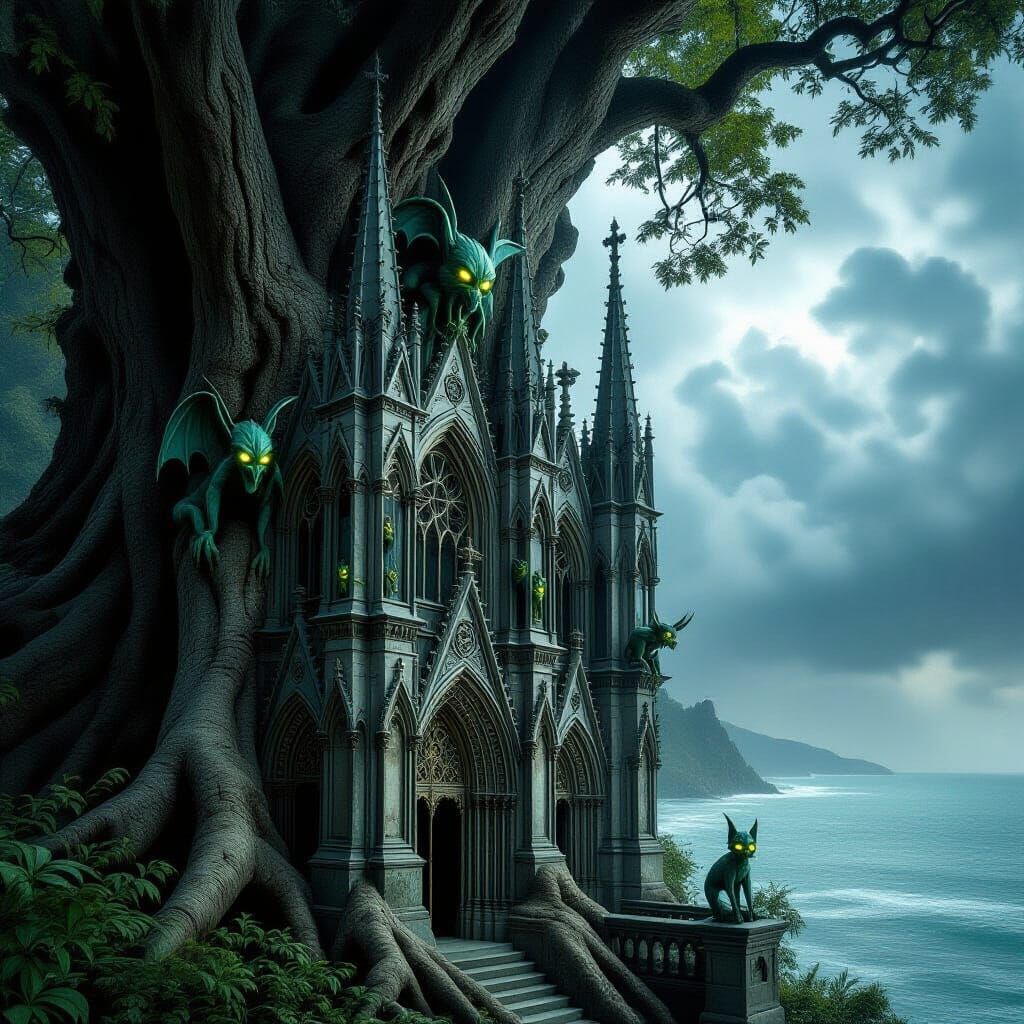 Gothic Tree Trunk Cathedral with Gargoyles