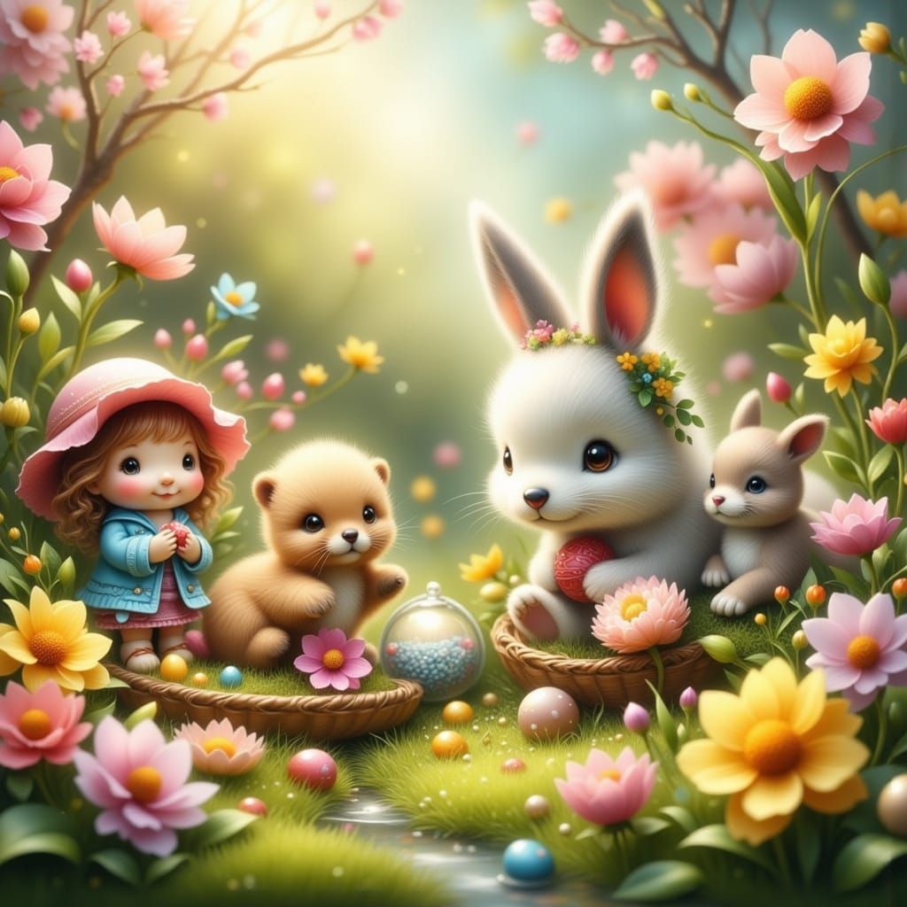 Spring Garden with Cute Animals in Ink Style