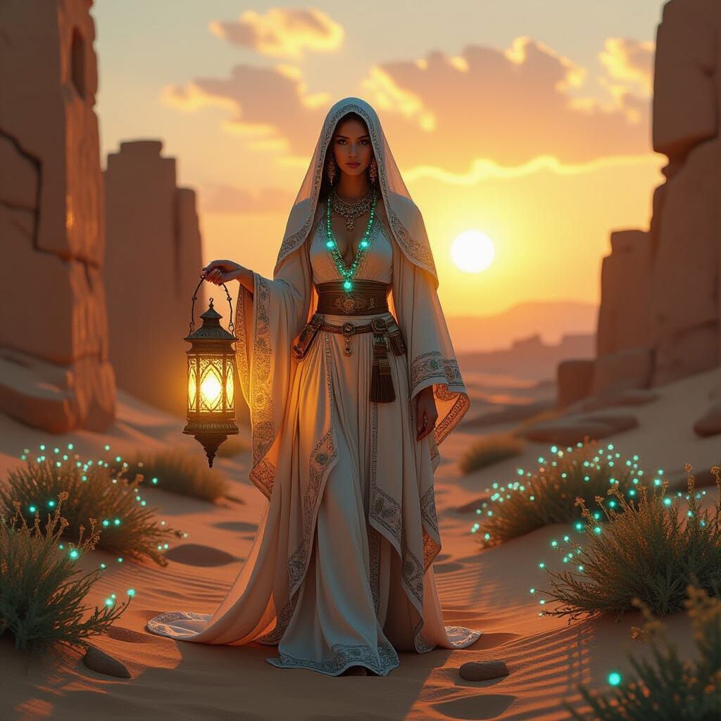 Woman with Glowing Lantern in Ancient Desert Ruins