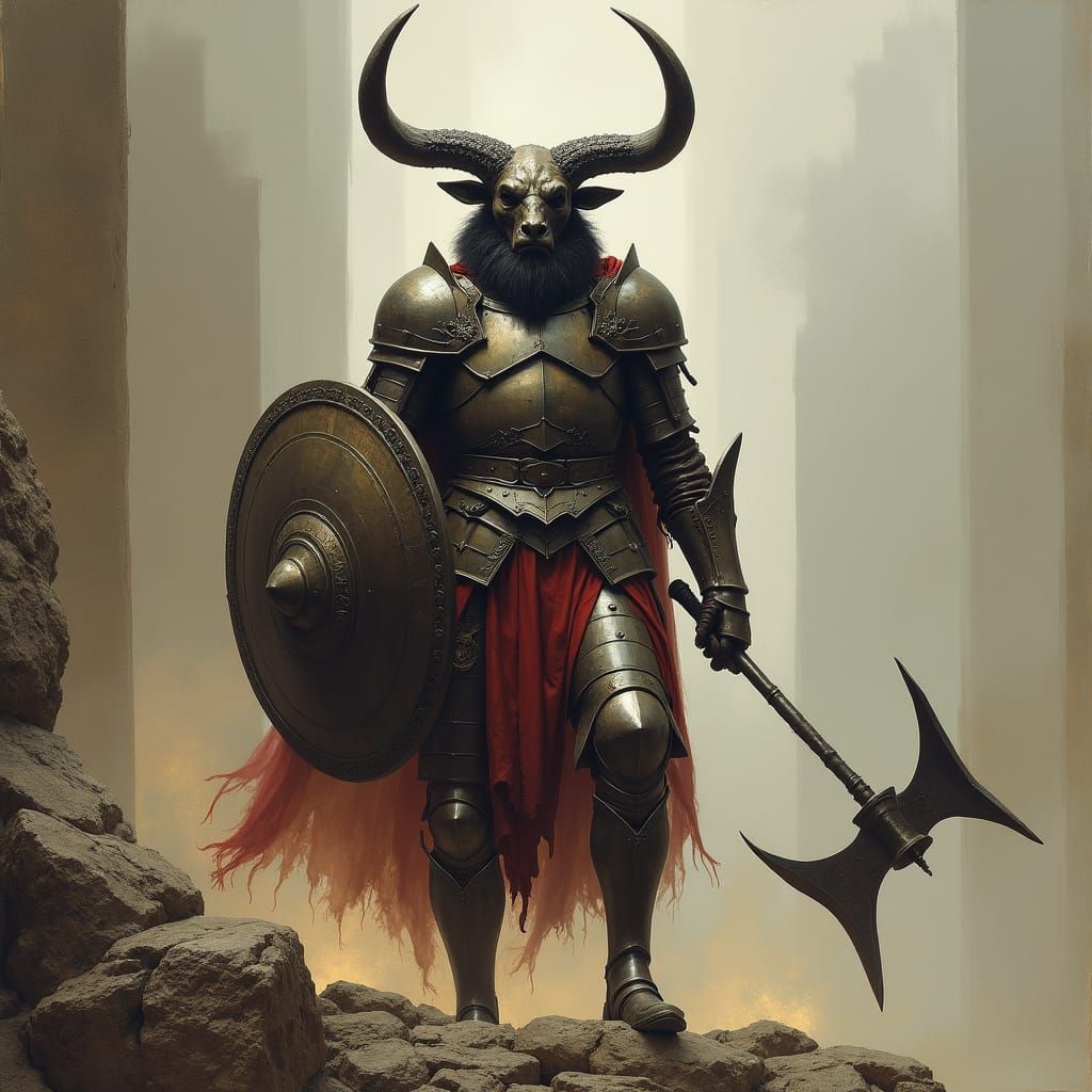 Minotaur Cleric on Battlement in Horror Style