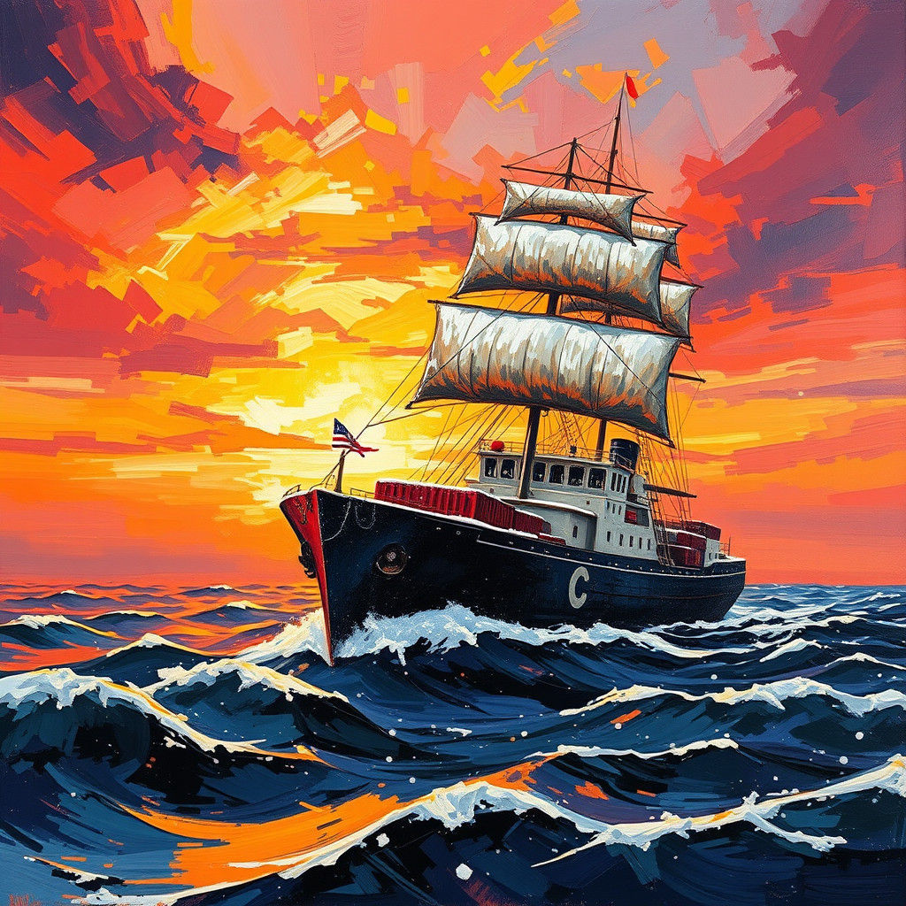 Snowy Cargo Ship at Sunset: Neo-Impressionist Painting