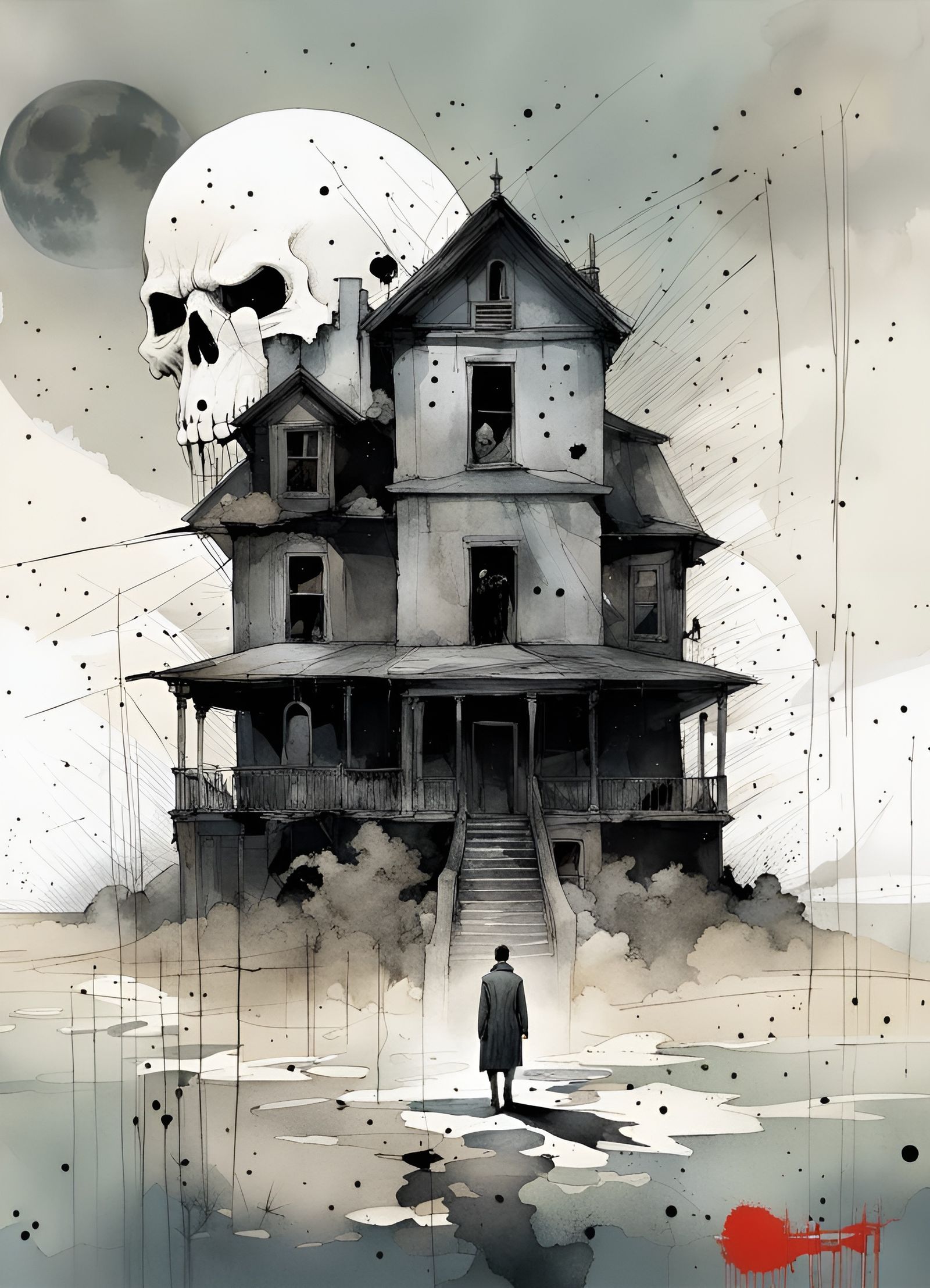 Ghostly Figure Before Haunted House in Macabre Art