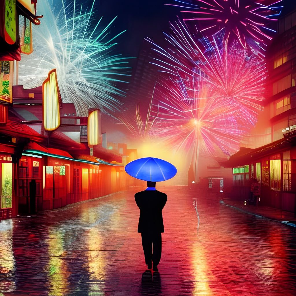 Rainy Chinese Cityscape with Fireworks in Dark Painting