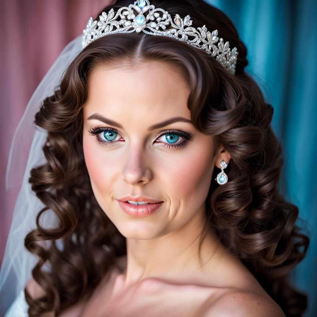 Dreamy Brunette in Wedding Gown, Blue Eyes