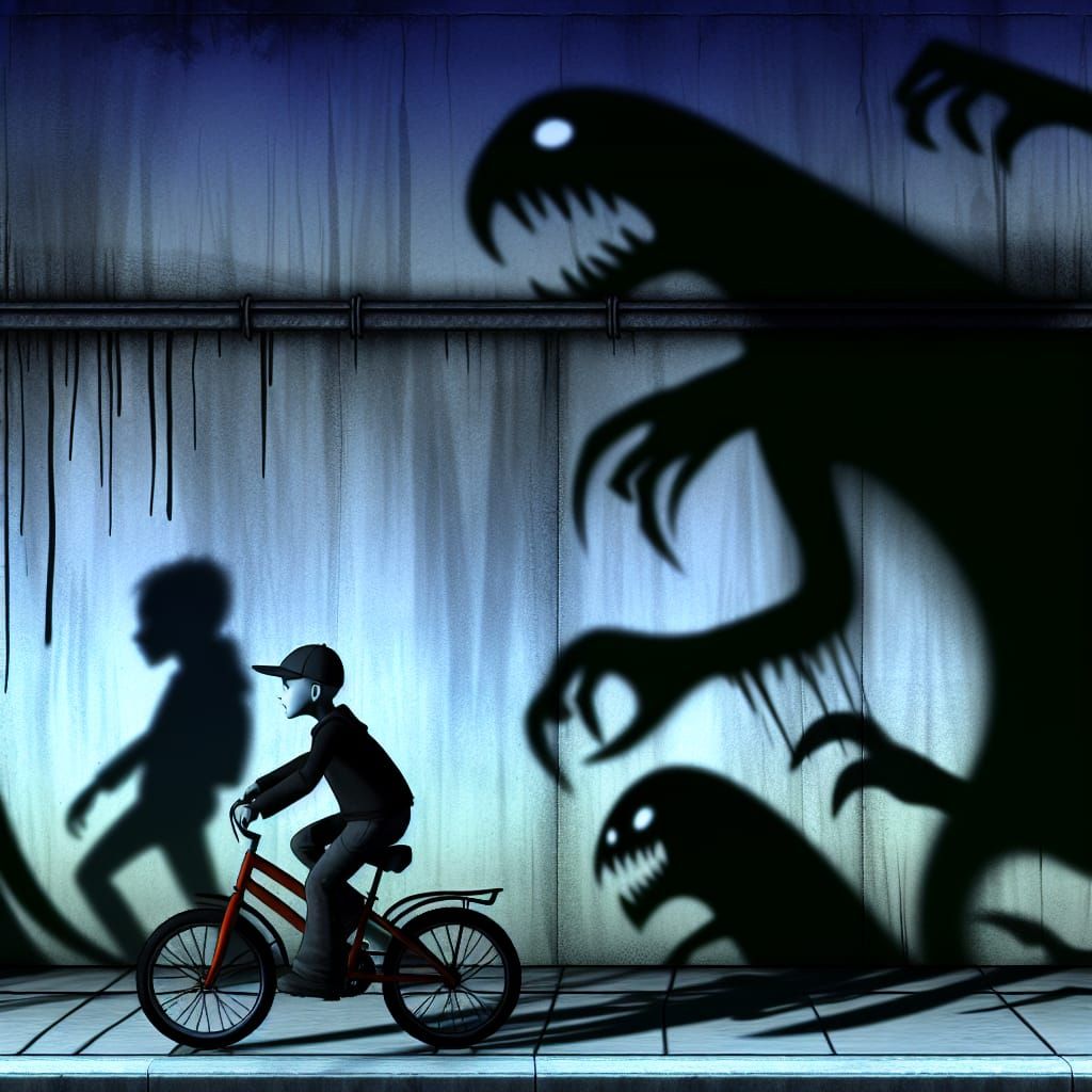 Stylistic Shadow Monsters Follow Kid on Bicycle
