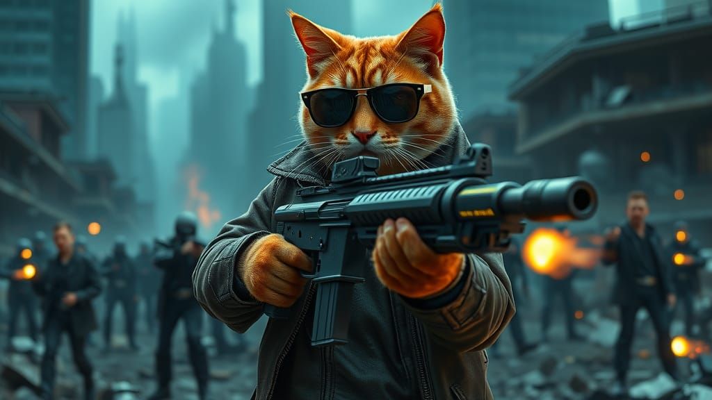 Cyberpunk Ginger Cat Terminator in Ruined City