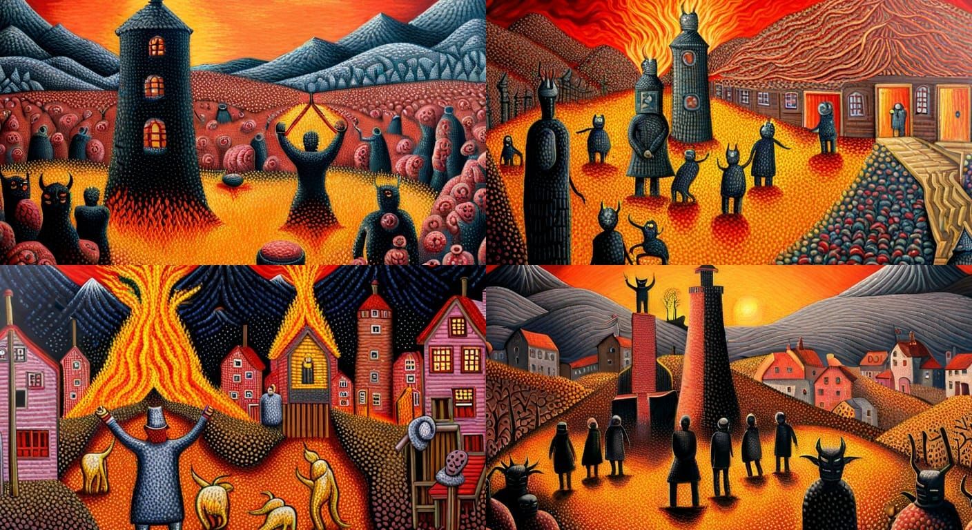 Demonic Village with Burning Wickerman in Pointillism
