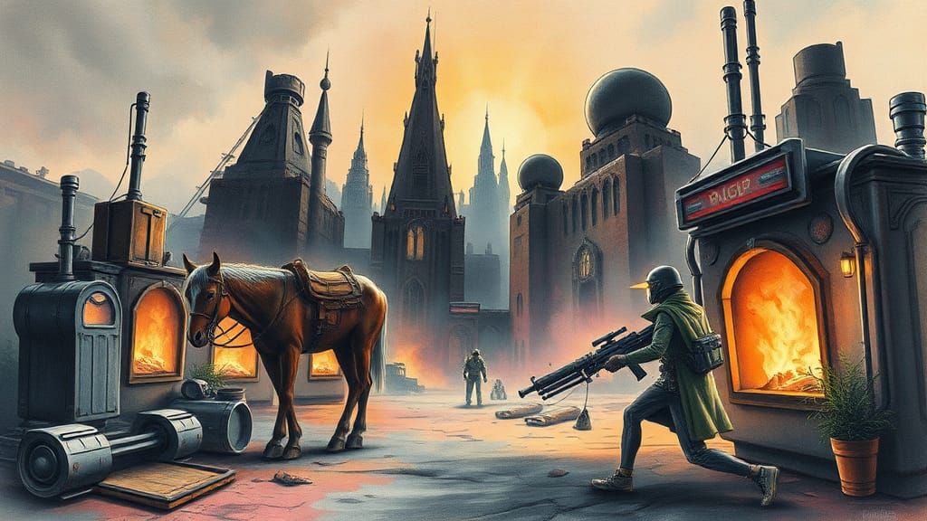 Sci-Fi Horror Landscape in Detailed Watercolor Charcoal Styl...