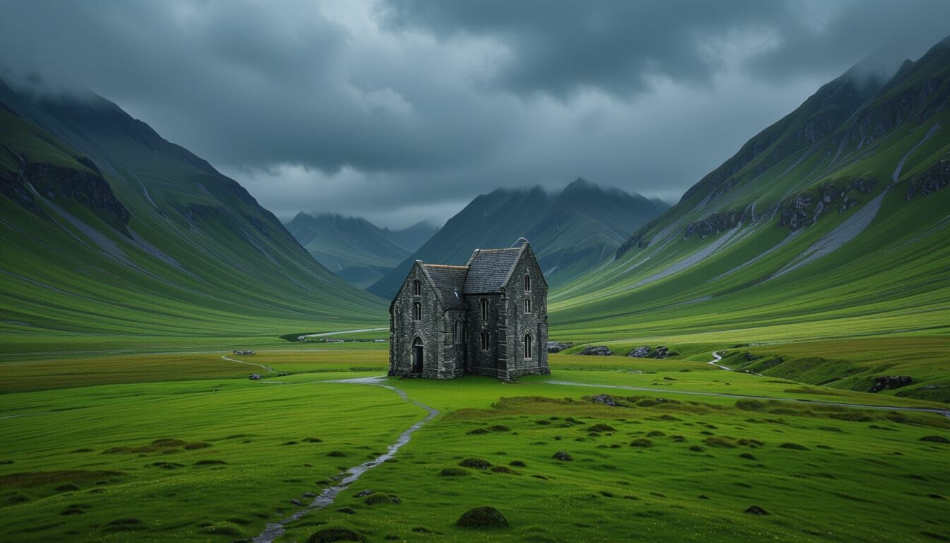 Majestic Ancient Building in Green Valley Panorama