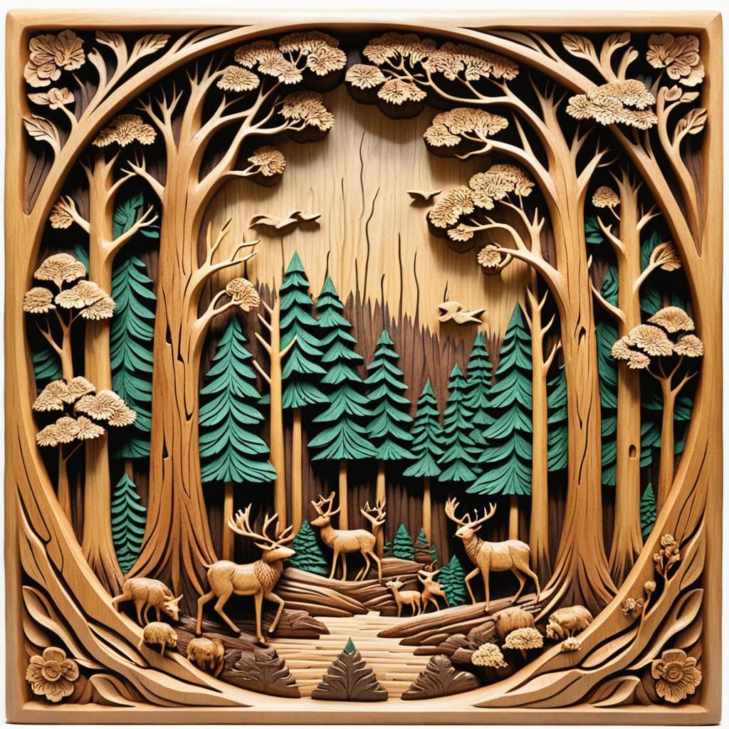 Detailed Wood Carving of a Forest Scene