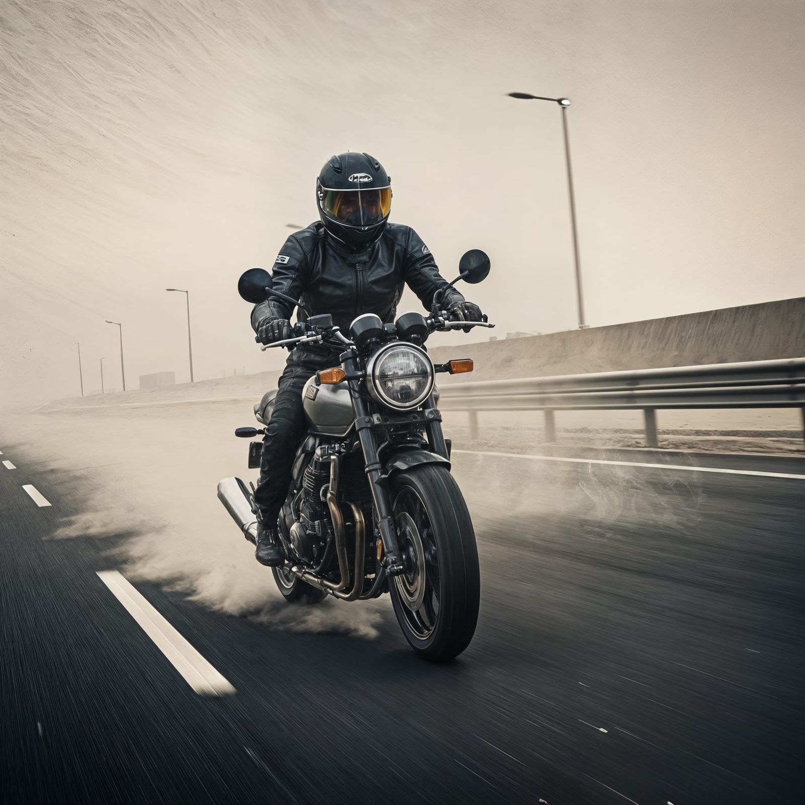 Motorcyclist Speeds Through Sandstorm on Jebel Ali Freeway