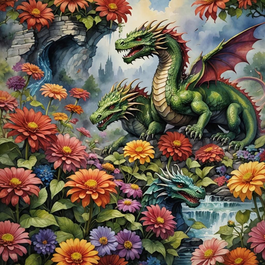 Zinnias and Dragons in Colorful Watercolor