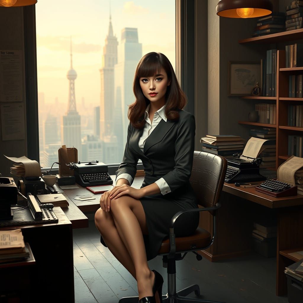 Feminine Secretary in Noir-Inspired Detective Agency