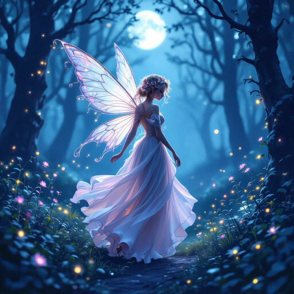Rose Fairy with Bioluminescent Wings in Moonlit Forest