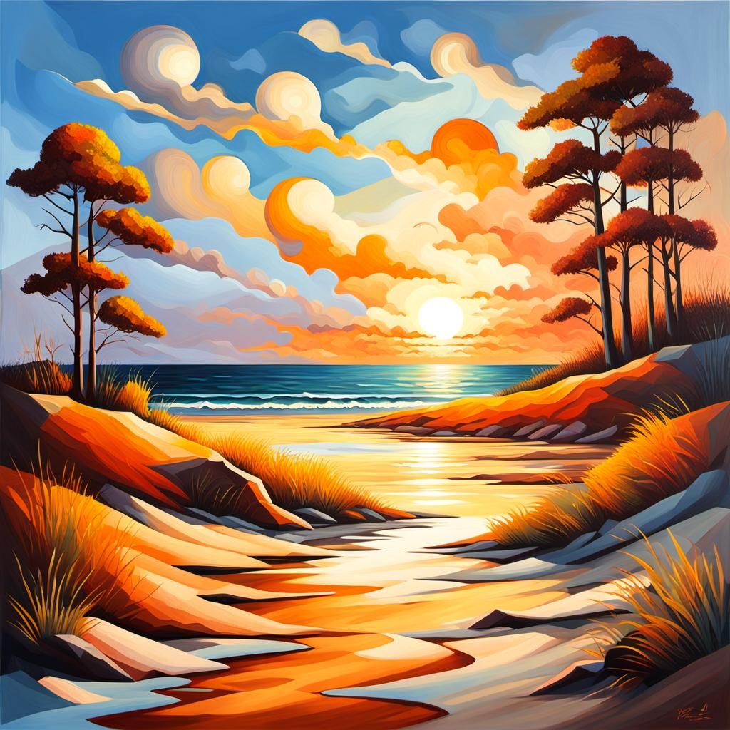 Geometric Cubist Autumn Seascape in Art Deco Style