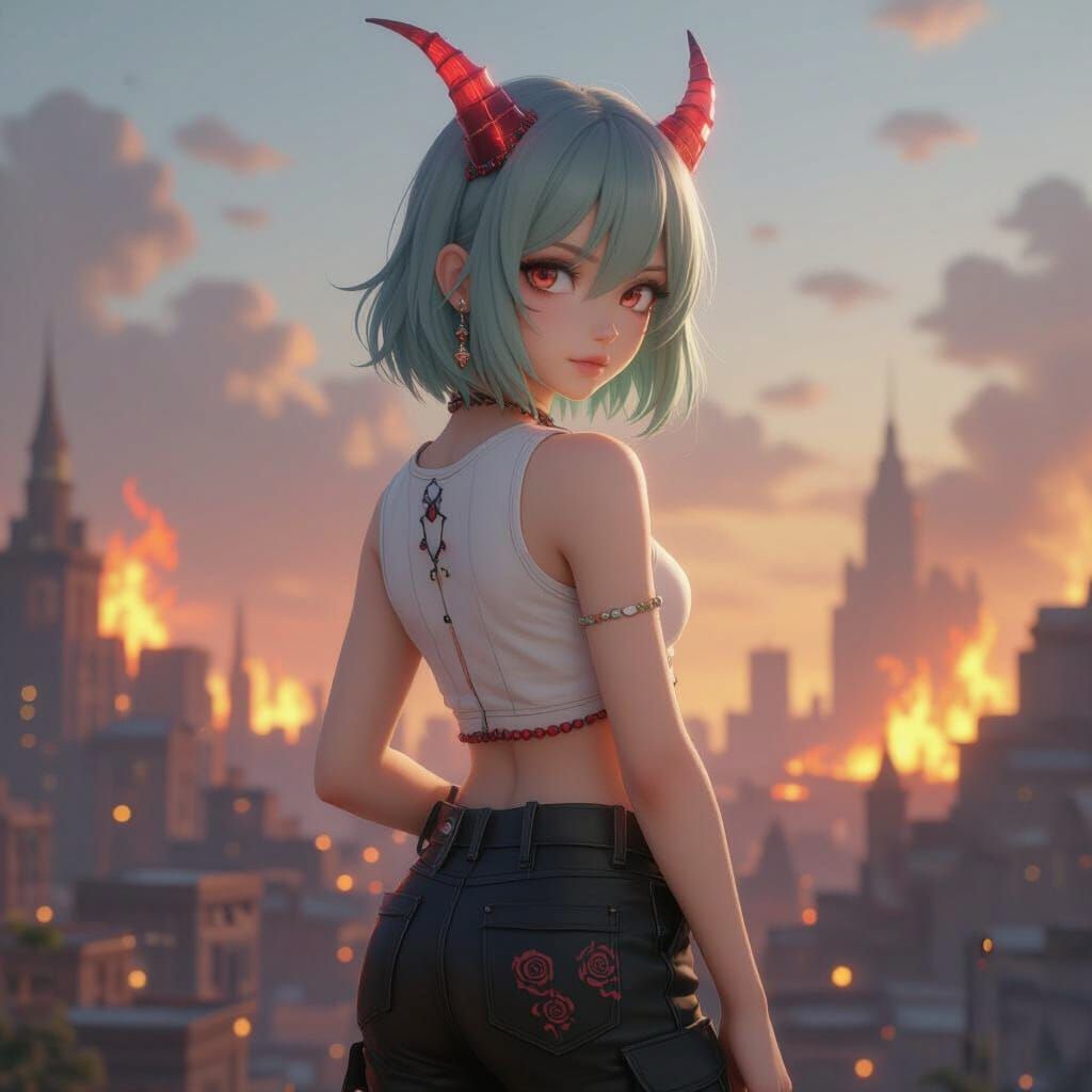 Anime Girl Overlooks Fiery Cityscape