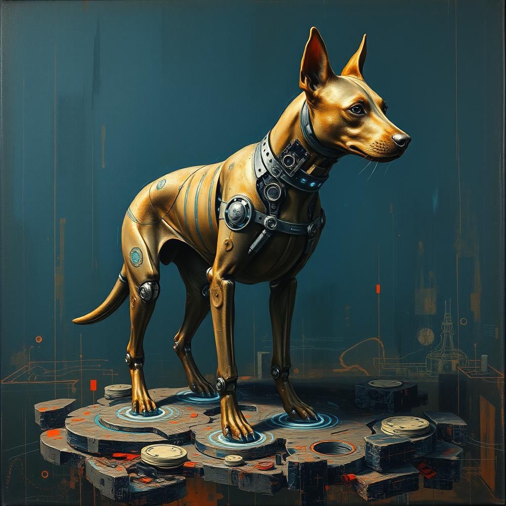 Cyberpunk Dog in Impasto Style with Metal Limbs