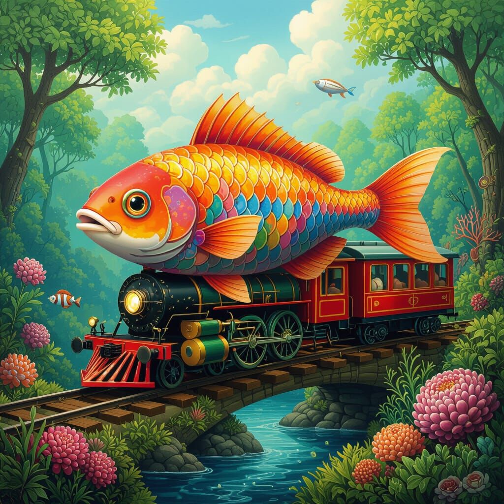 Fish Riding a Train in Dreamlike Style