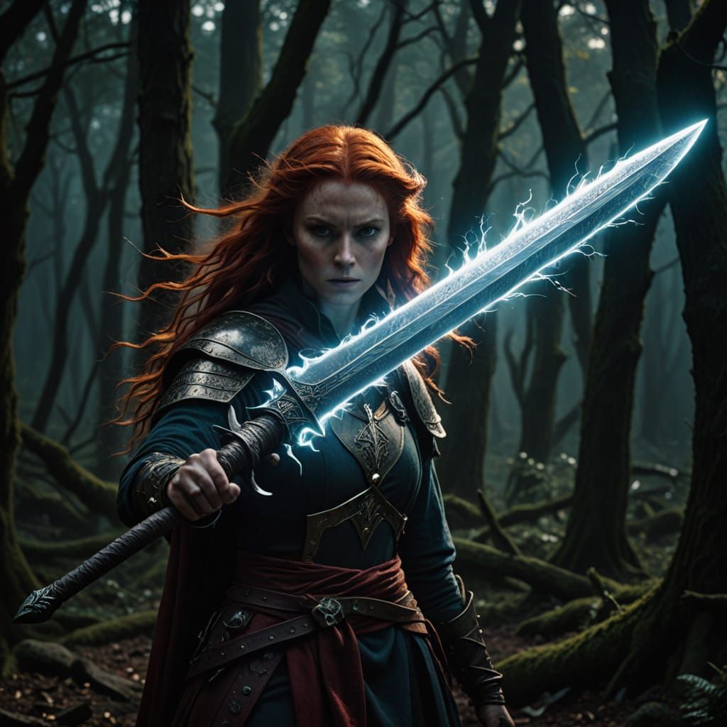 Epic Fantasy Sorceress Wields Electrified Sword in Ancient F...