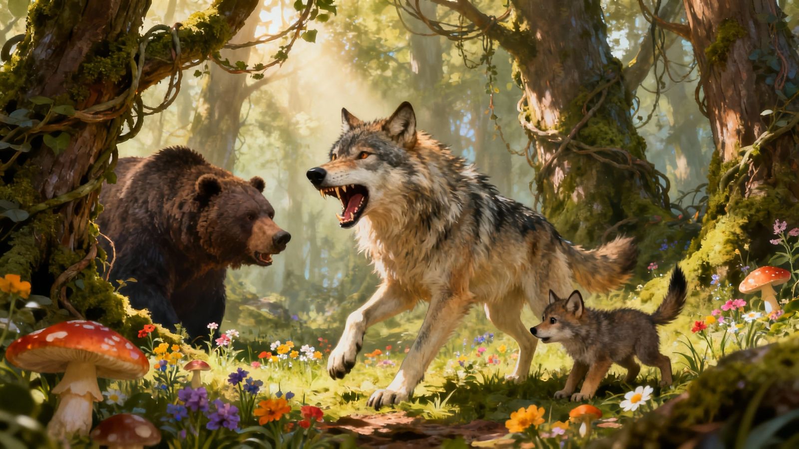 Fluffy Wolf Protects Cub From Bear in Fairytale Forest