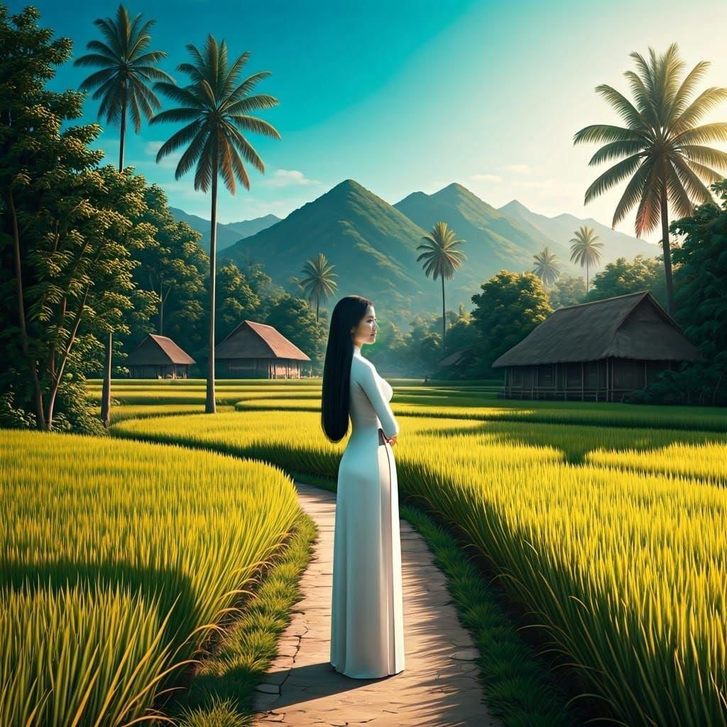 Vietnamese Woman in Áo Dài on Rice Paddy Path
