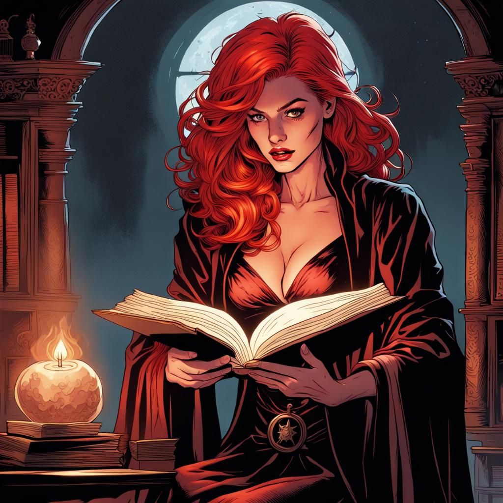 Red-Haired Witch Reading Book in Comic Book Style