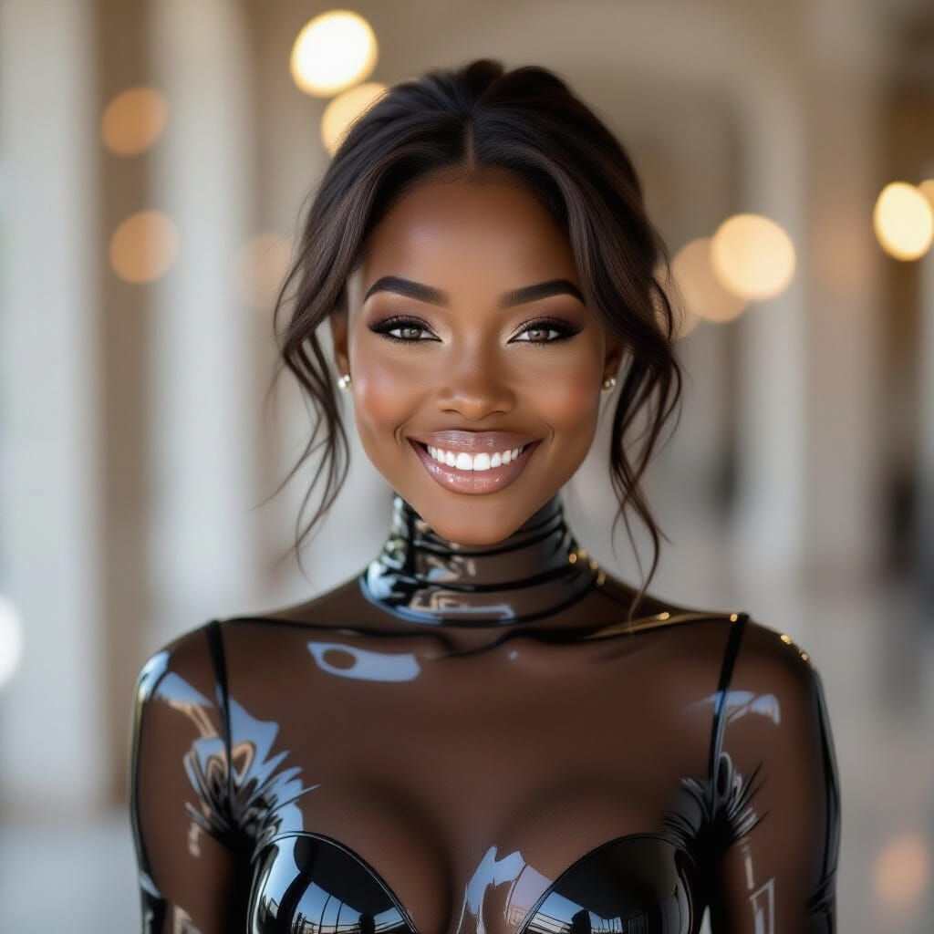 Smiling Woman in Glass Bodysuit: Naturalistic Photography