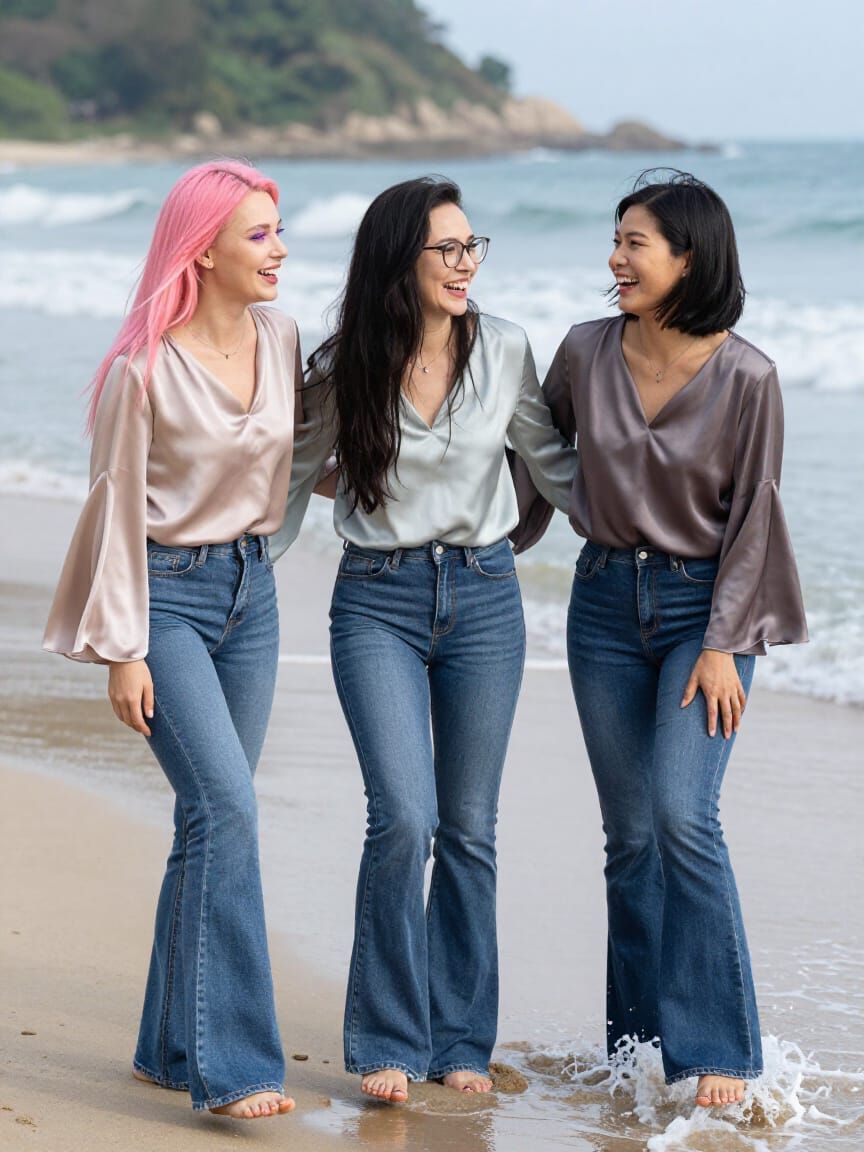 Women Laughing on Beach in Flared Jeans