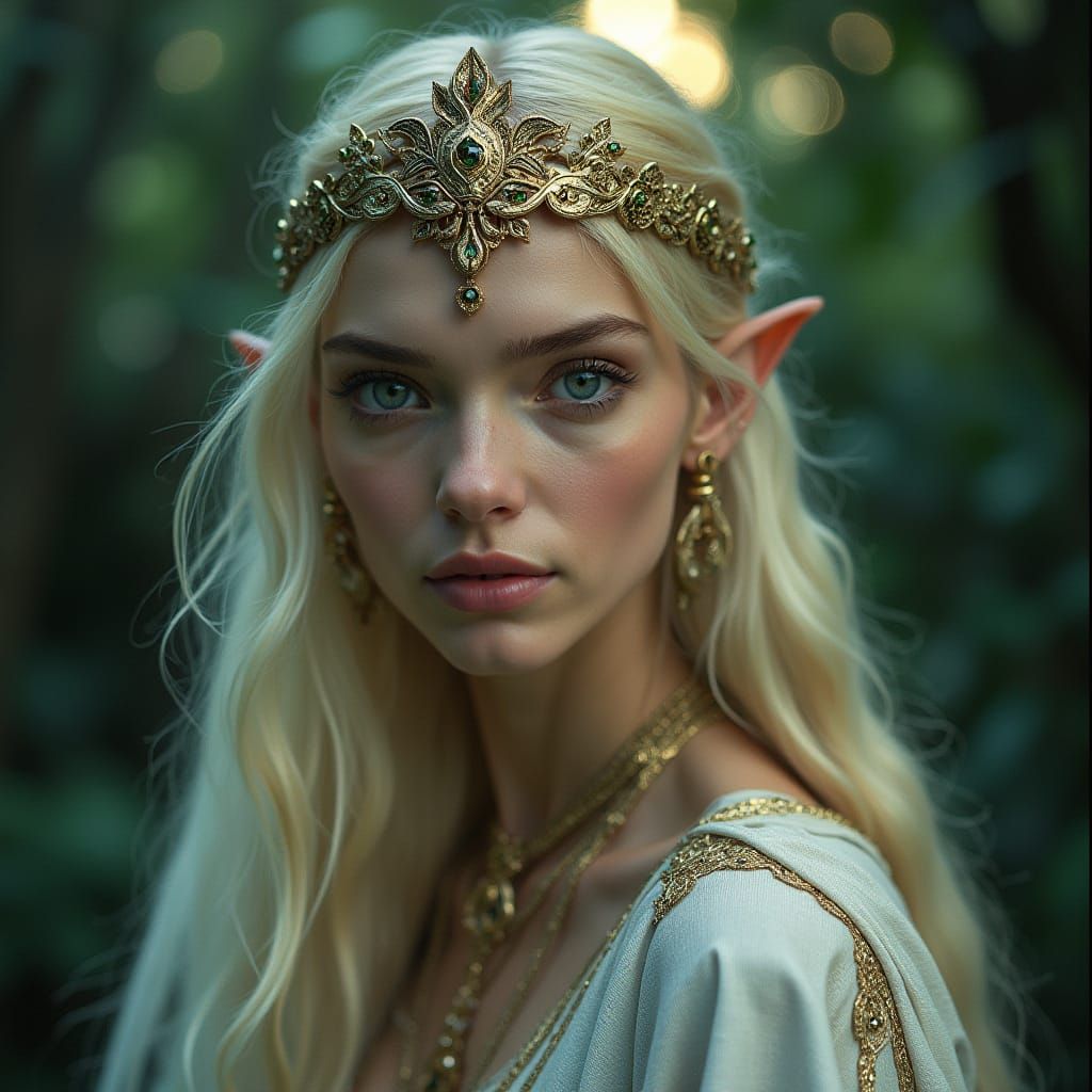 Ethereal Elven Queen in Moonlit Palace Garden