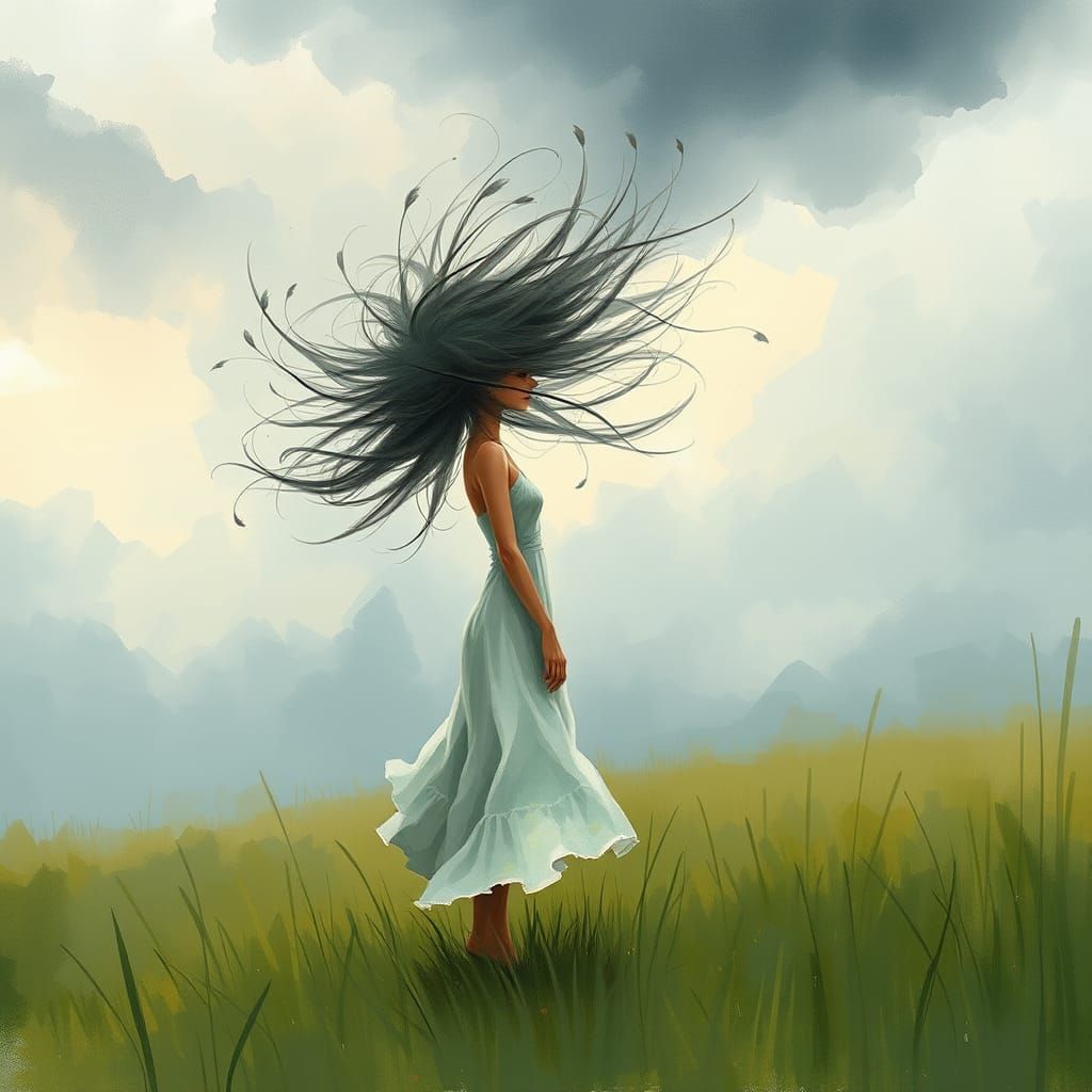 Woman in Storm, Watercolor Neo-Impressionist Painting