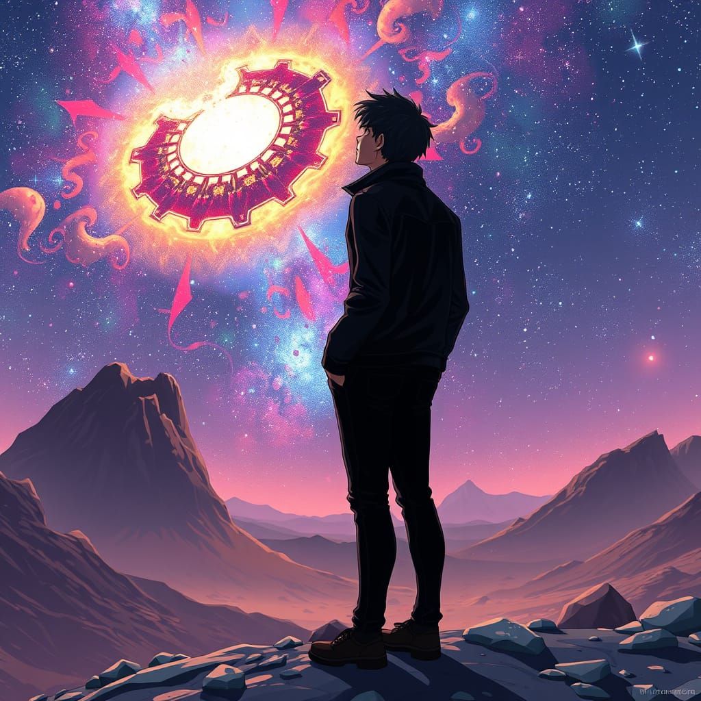 Anime Hero Contemplates the Cosmos on a Distant Planet