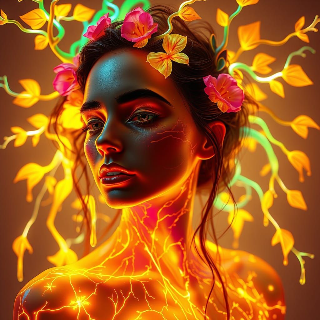 Neon Floral Feminine Form in Surrealist Style