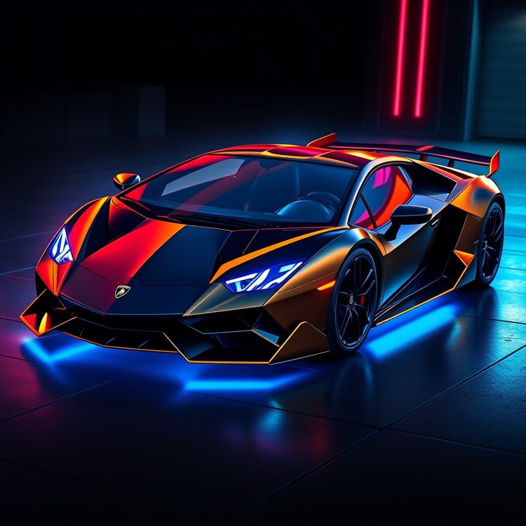 Futuristic Lamborghini Revuelto in Neon Cyberpunk Style